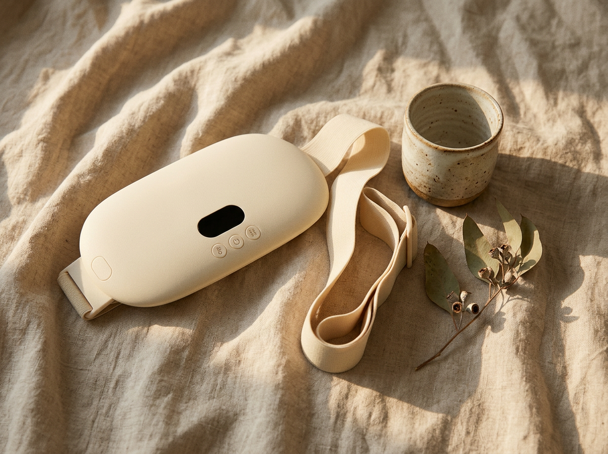 The cream Bluum belt folded on warm linen beside a ceramic cup
